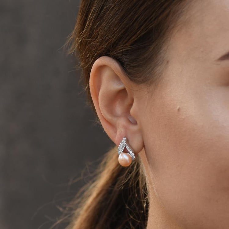 Strieborné náušnice s broskyňovými perlami a zirkónmi 49307