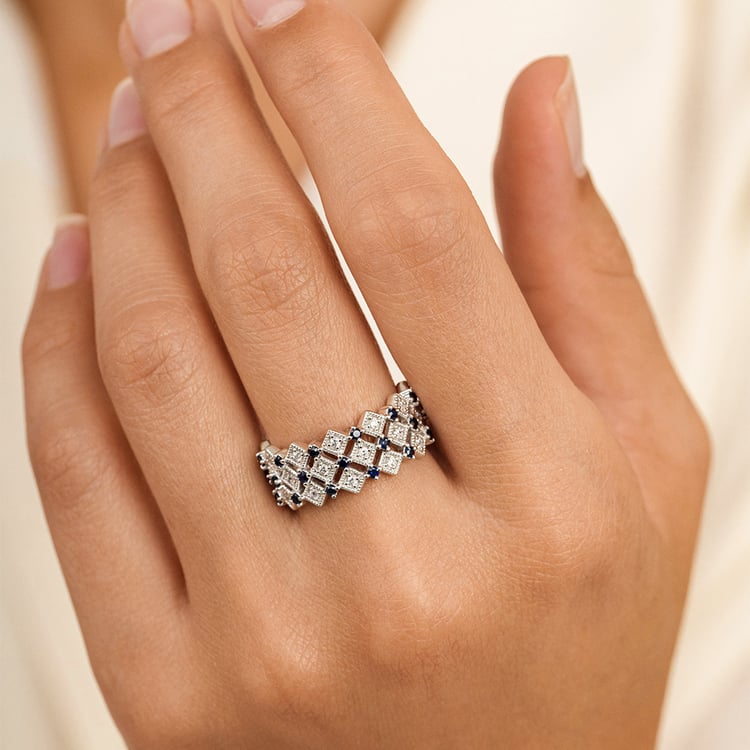 Moderný strieborný prsteň s lab-grown diamantmi a zafírmi Arnt 162768