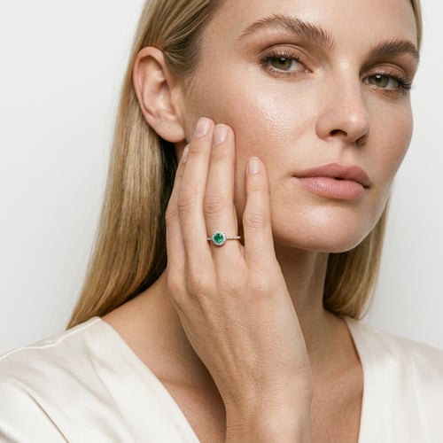 Strieborný halo prsteň so smaragdom a lab-grown diamantmi Louisa