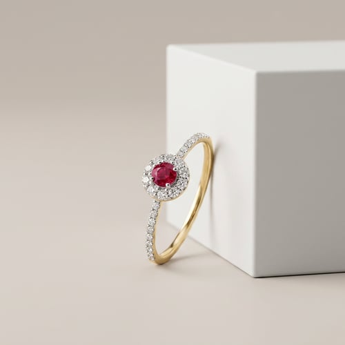Stříbrný halo prsteň s rubínom a lab-grown diamantmi Wendy