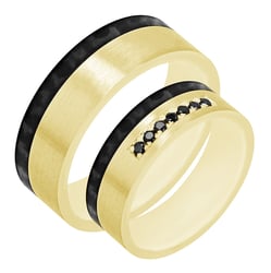 Ploché snubné prstene z karbónu a zlata s čiernymi diamantmi Laura