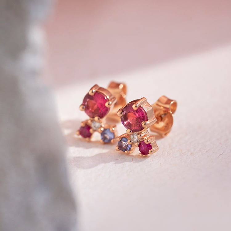 Strieborné cluster náušnice s turmalínom, tanzanitom, rubínom a diamantom Kerrie 116122