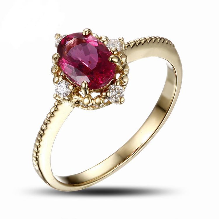 Ružový turmalín osadený v žltom zlate s diamantmi Jayce 